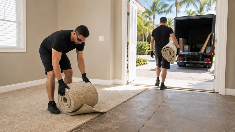 Lee Junk Removal crew removing old carpet in Fort Myers