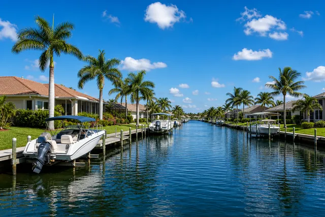 Cape Coral canal with palm trees and waterfront homes