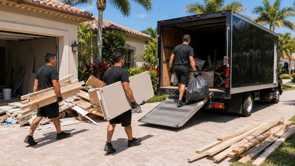 Lee Junk Removal crew hauling construction debris at a Fort Myers job site