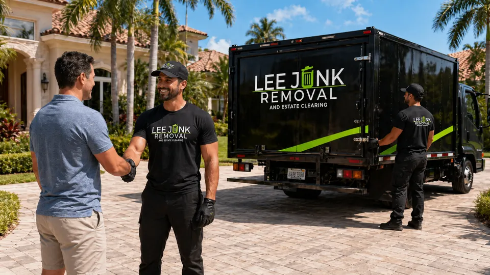 Lee Junk Removal crew member shaking hands with a satisfied customer