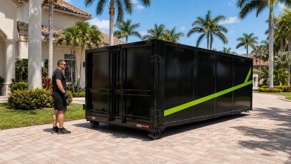 Lee Junk Removal walk-in dumpster delivered to a Fort Myers driveway