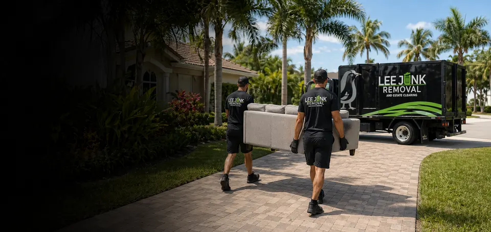 Lee Junk Removal crew hauling furniture to a branded truck in Fort Myers