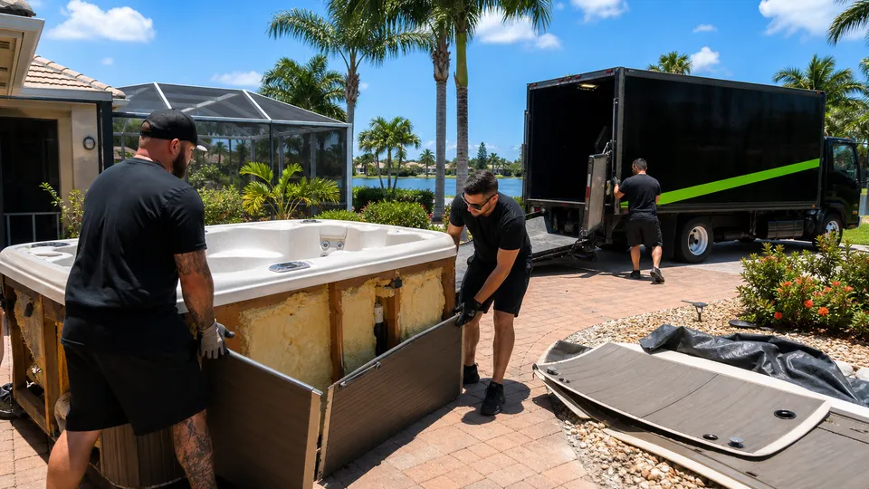 Lee Junk Removal crew removing a hot tub from a Fort Myers backyard