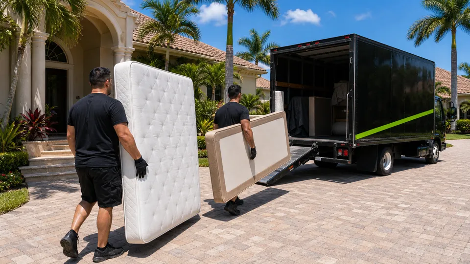 Lee Junk Removal crew removing a mattress and box spring in Fort Myers