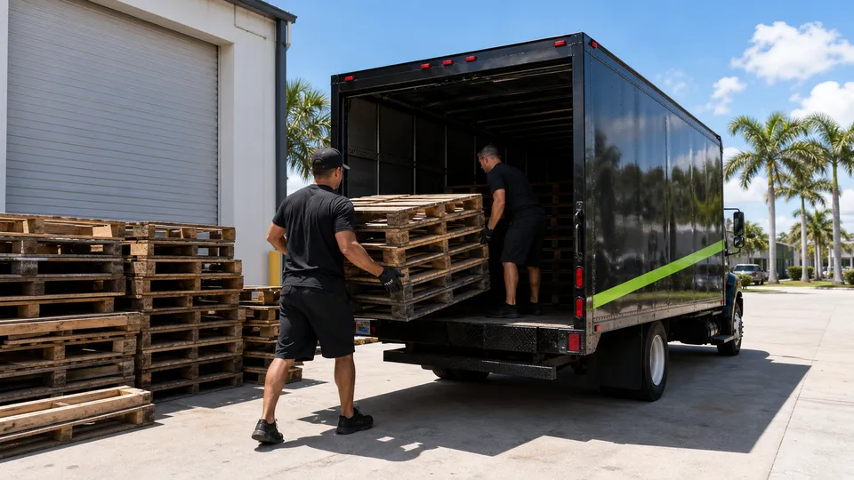 Lee Junk Removal crew removing wood pallets for a Fort Myers business