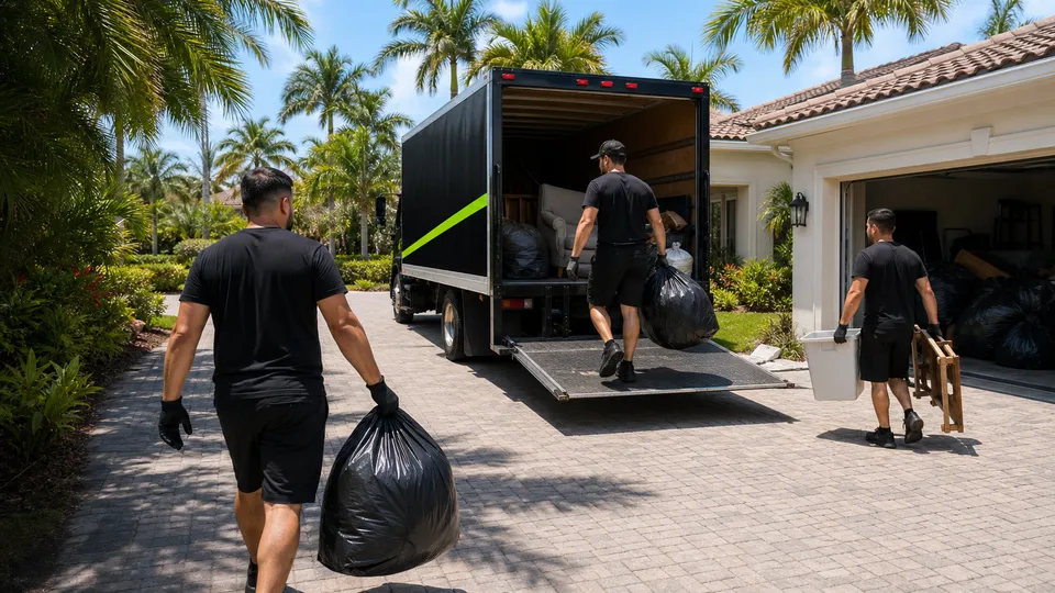 Lee Junk Removal crew hauling bagged trash in Fort Myers