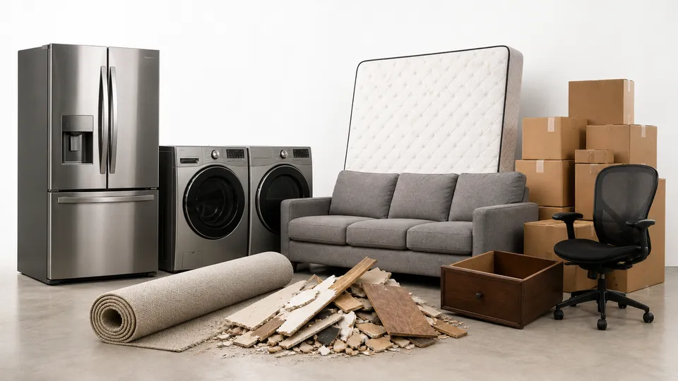 Items we remove — furniture, appliances, mattresses, carpet, construction debris, boxes, and more
